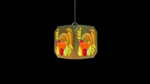 Rotating Golden Cornucopia Lantern with Harvest Fruits and Wheat