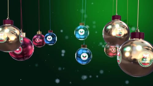 Reflective Christmas Ornaments with Falling Snowflakes Background