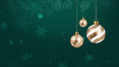 Festive Golden Christmas Ornaments with Pine and Snowflakes Background
