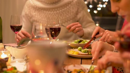 Friends enjoying dinner, holiday celebration with wine