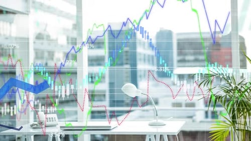 Digital composite video of blue graphs over financial data processing against empty office