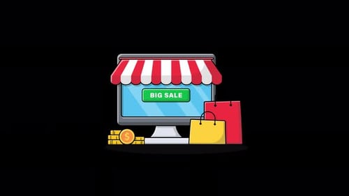 Animated Computer Shop with Shopping Bag and Coin. Online Shopping Concept Video - Transparent