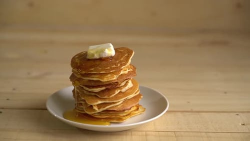 Pancakes with Butter and Syrup on Plate
