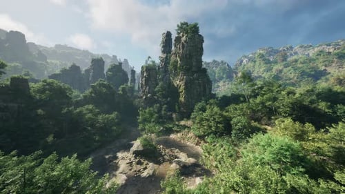 A Dense Forest with Towering Rocks and Majestic Trees