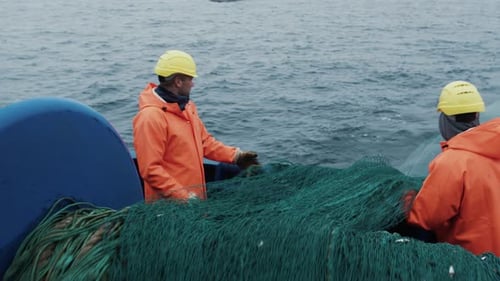 Team of Fishermen Unwind the Trawl Net during Commercial Fishing