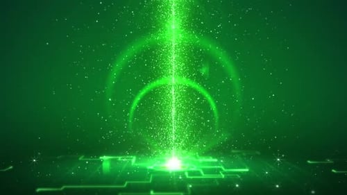 Futuristic Green Particle Beam on Circuit Board Background