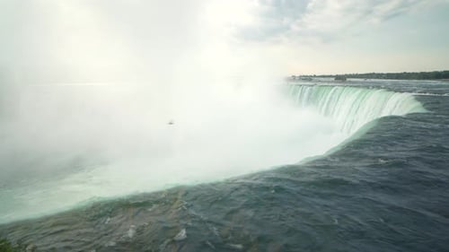 A wide view of Niagara falls from the Canada side. Captures the entire horseshoe falls. Large mist i