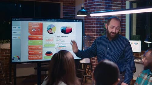 Business Presentation in Modern Urban Office at Night
