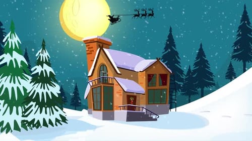 Animated Christmas Snowy Night with House and Santa Sleigh