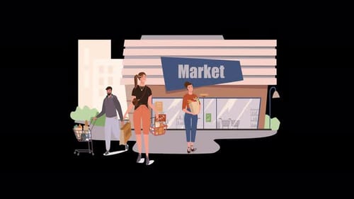 Diverse shoppers at a market with colorful backgrounds