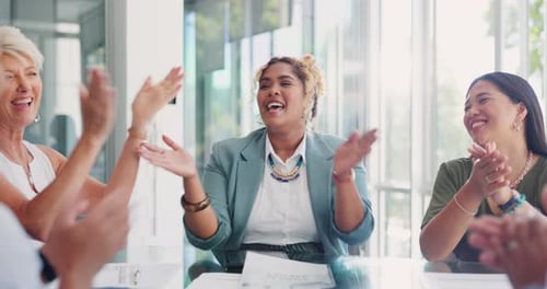 Clapping hands, celebrate and business people in meeting for success in the office conference room