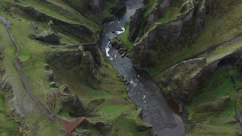fjaðrárgljúfur massive canyon in Iceland, Aerial view