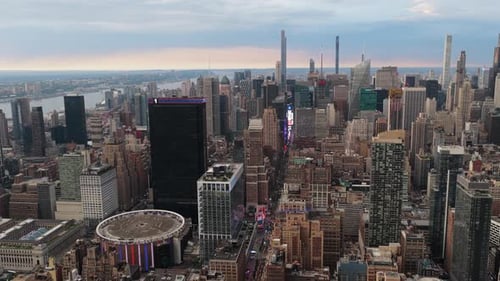 Aerial View of New York City's Manhattan Skyline During Sunset Featuring One World Trade Center and