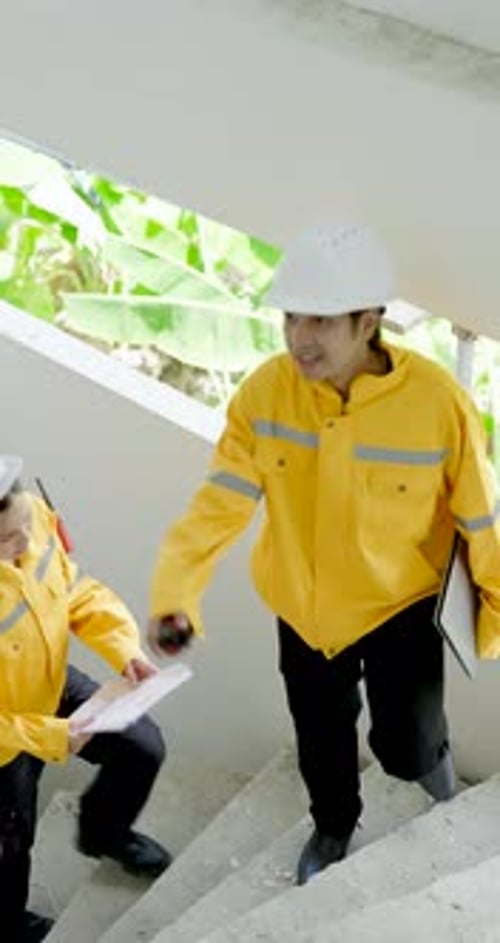 Asian female engineer and male contractor climb unfinished stair area with project document,