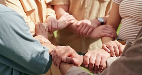 Support, hands together and team building in synergy or huddle for university education or study