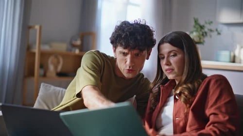 Freelancers Family Working Online Laptops Closeup Happy Couple Sharing Opinions