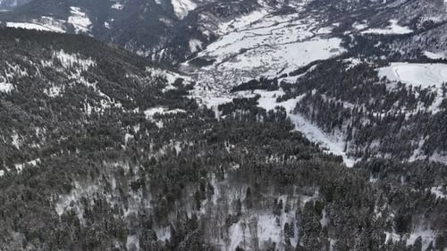 Aerial view of a frozen forest with snow covered trees at winter. Flight above beautiful snowy mount