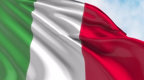 Realistic Italian Flag Waving Against Blue Sky Animation