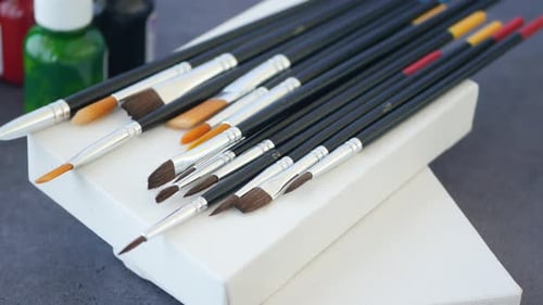 Creative Painting Tools Arranged on a Work Surface for Artists