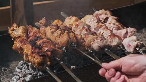Grilling Shashlik on Barbecue Grill Outdoors Prepare Shish Kebab on Skewer BBQ