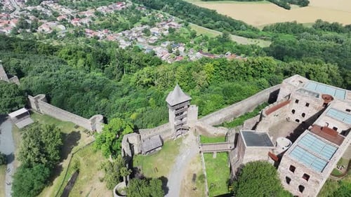 Drone view of watching tower and Helfstyn ancient castle ruins in Czechia, Europe.