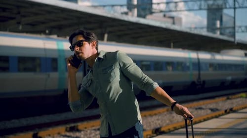 Stylish Man with Phone to Ear Peeking at Train Schedule at Seoul Station