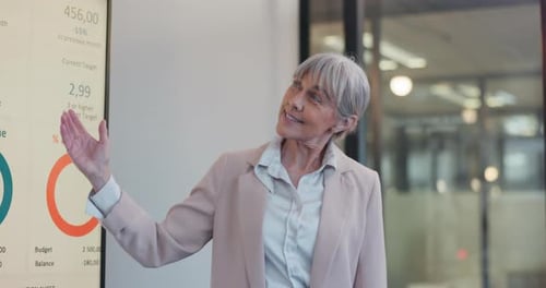 Presentation, workshop or mature woman in seminar for teaching or skill development in boardroom