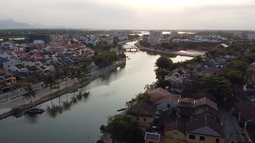 Drone Fly Over Thu Bon River Hoi An Ancient Town UNESCO World Heritage Site