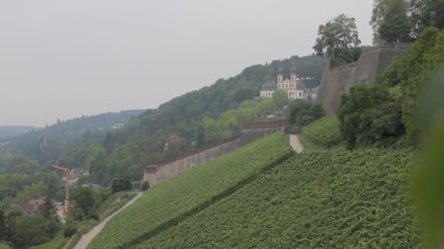Wide shot: A static camera captures the Marburg Castle from afar, surrounded by a forest, with a vin