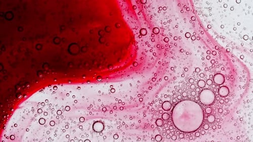 Transparent Red Cosmetic Gel Fluid with Bubbles Oil on Water White Colored Background Macro Shot