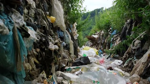 Verschmutzte und ausgetrocknete Flüsse mit Plastikmüll Das Konzept der Umweltverschmutzung