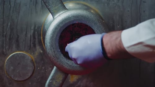 A man cleaning an industrial meat grinder using his hand.