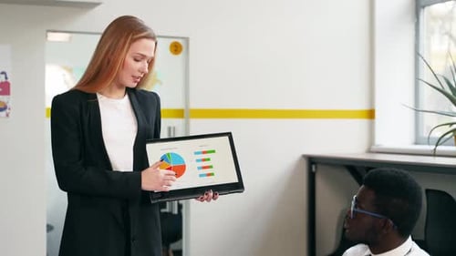 Woman Presenting Sales Data on Tablet to Colleagues