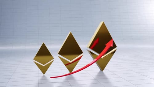 Rising Ethereum Symbols with Upward Red Arrow
