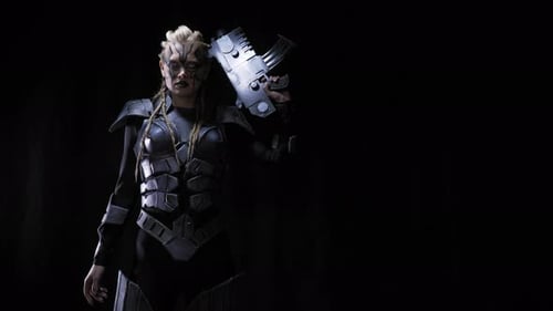 Scary alien female in full body armor is putting a gun on her shoulder, 4k