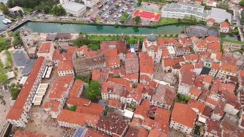 Aerial Drone View of Kotor Old Town Stari Grad Montenegro With UNESCO Medieval Buildings and Fortres