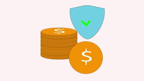 Stylized animation depicting finance and security concepts with dollar coin, shield symbol,