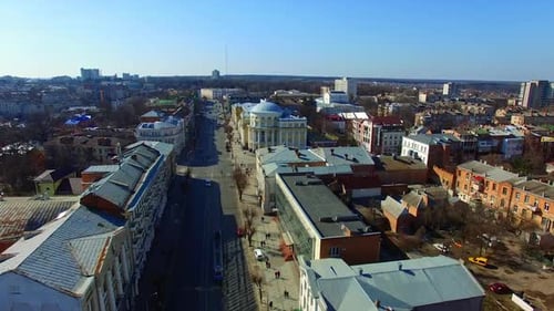 Tram going by the city street in the downtown. Centre of Vinnytsia, Ukraine