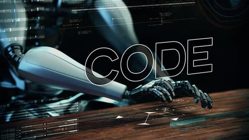 Animierter Codetext mit KI-Roboter-Geschäftsmann, der auf einer futuristischen Tastatur tippt