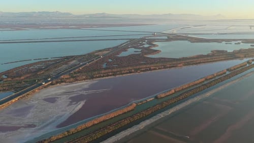Aerial view of pink salt lakes at salinas de santa pola in spain