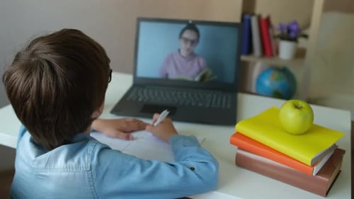 Distance Education Online Lesson Child Boy Schoolboy Using Tablet Laptop Computer for School