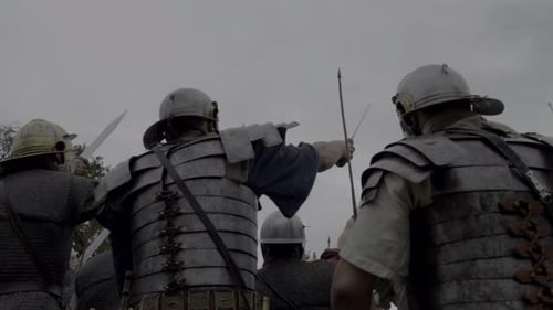 Ancient Warriors with Swords Standing Together Ready for Battle