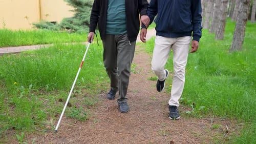 Man Helping Another Walk Along a Park Path