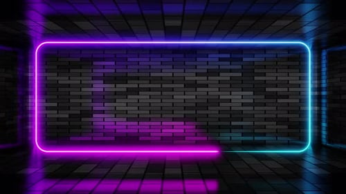 Neon frame purple and cyan lights motion loops square on brick wall background 3d render. Neon