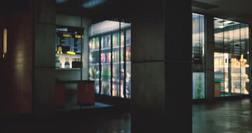 Nighttime View of a Convenience Store with Glowing Beverage Coolers