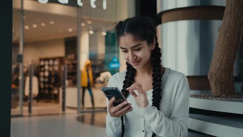 Businesswoman Hispanic Woman Young Female Hold Phone Shopping Online Browsing Internet Store Texting