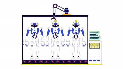 Cyborg manufacturing plant line 2D character animation