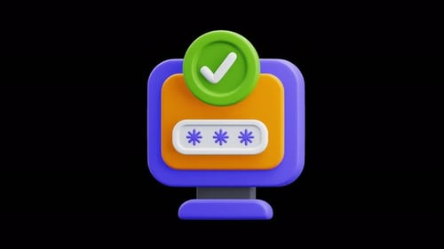 3D Computer Icon with Checkmark and Password Input Animation