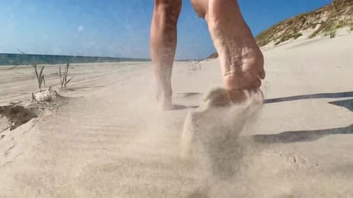 Girl Tourist Barefoot On Sandy Baltic Sea Coast