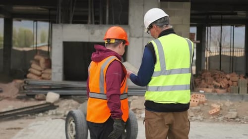 Engineer and foreman meeting at construction site, inspector holding tablet with plans